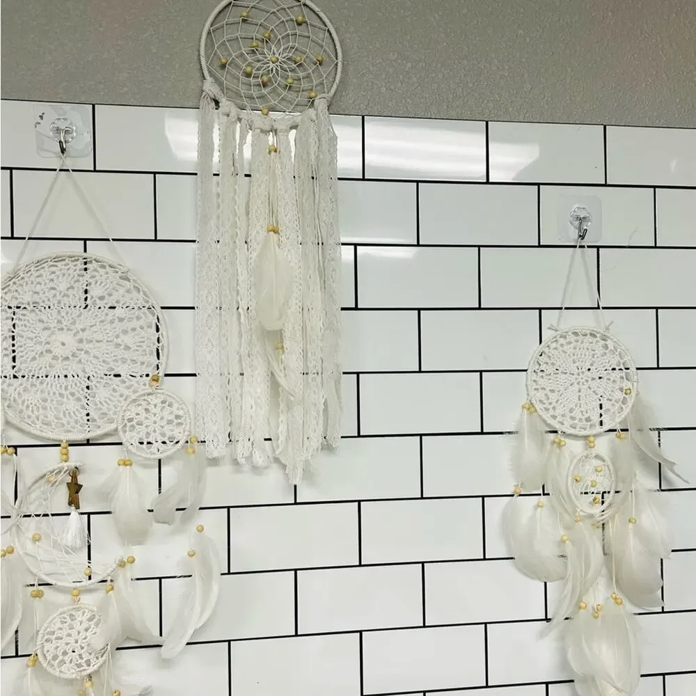 Boho Cream Dreamcatcher Wall Set 6pc Lace Feather Crochet Hanging Decor - Picture 6 of 9